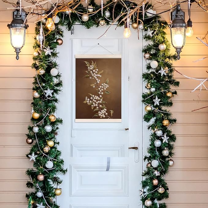 Vintage Christmas Poster Hanger with Wood Frame, Rustic Antique Christmas White Berries Wall Art Decor for Home, Retro Neutral Xmas Holiday Posters for Bedroom Living Room Decor, 12x16 Inch