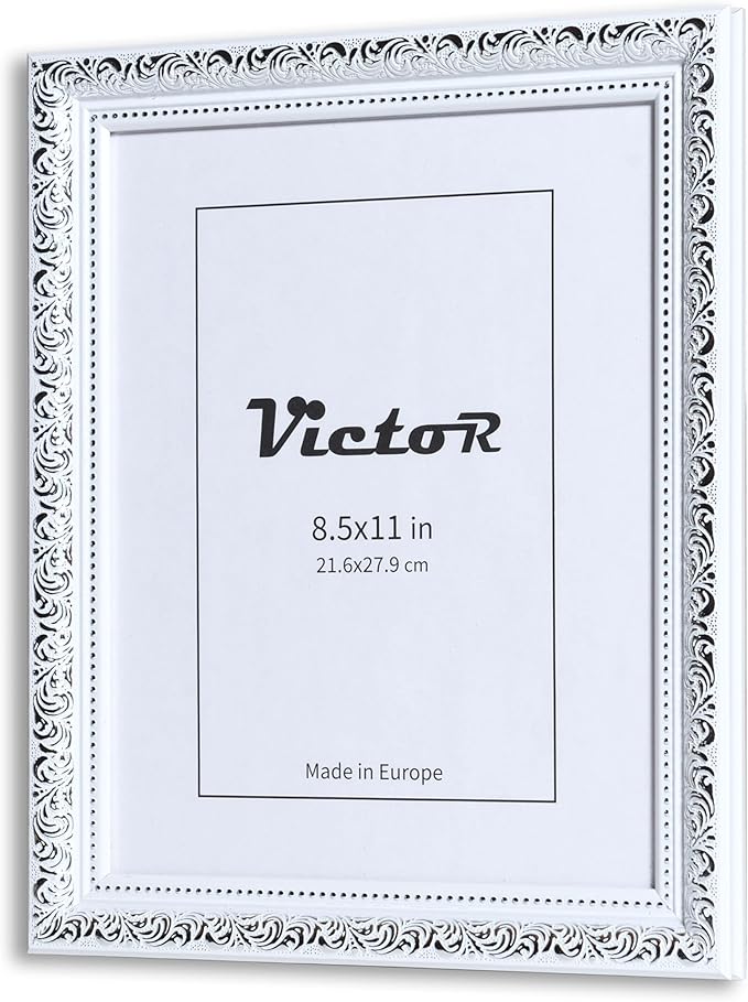 VictoR 8,5x11 Picture Frame Rubens White Silver - Picture Frames 8.5 x 11 - with Shutterproof Acrylic Glass - Antique - White 8.5 by 11 - only for hanging