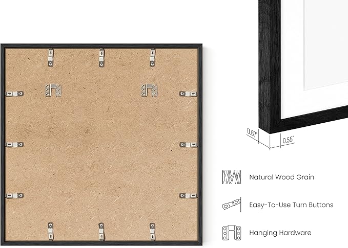 HAUS AND HUES Black Oak Wood 20x20 Picture Frames - Set of 6, Square Frames with Mat, Premium Frames for Wall Displays (20x20 in, Black, Set of 6)