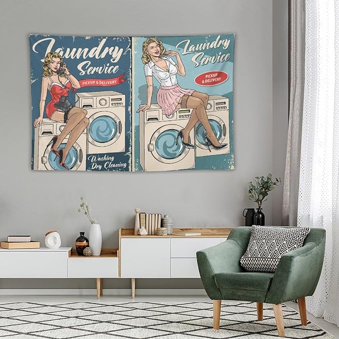 ZhiRain Laundry Service Tapestry Wall Hanging Vintage Laundry Room Poster Tapestries Home Decor for Living Room Bedroom Farmhouse Apartment Dorm 60"x90"