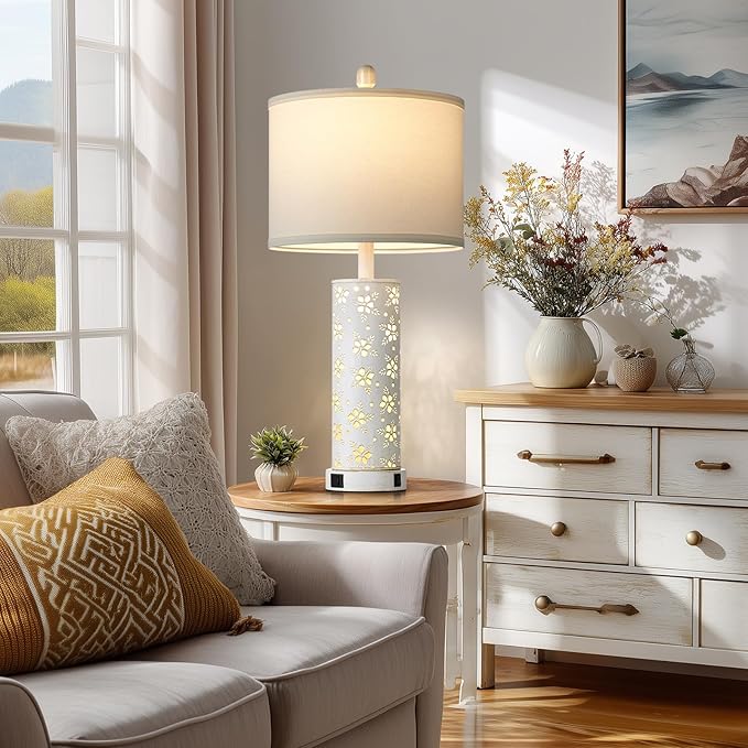 Set of 2 Rustic Table Lamps for Living Room Bedroom, Vintage Farmhouse Nightstand Lamp with 2 USB Ports, Hollow Out Metel Lamp for End Table with Nightlight (Retro White)
