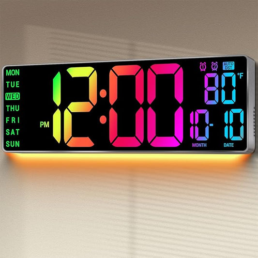 16.5" Large Digital Wall Clock: 11 RGB Colors Wall Mount Decor Clock for Living Room Bedroom Office Classroom, House Warming Gifts New Home Decor, for Men Women Gray