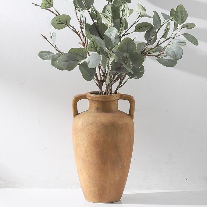 Large Ceramic Vase with 2 Handles, 11.41 inch Terracotta Rustic Farmhouse Vase for Home Decor, Wide Mouth, Living Room Shelf Decor, Enterway, Wedding, Table Decoration
