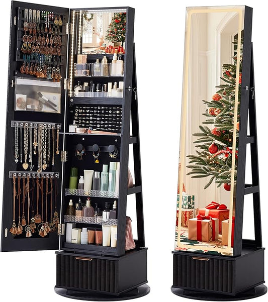 Fluted 360° Swivel Jewelry Armoire Cabinet Standing with Full Length Mirror, Lockable Jewelry Organizers and Drawer Storage with 3 Color LED Lights & Interior Mirror Rear Storage Shelves