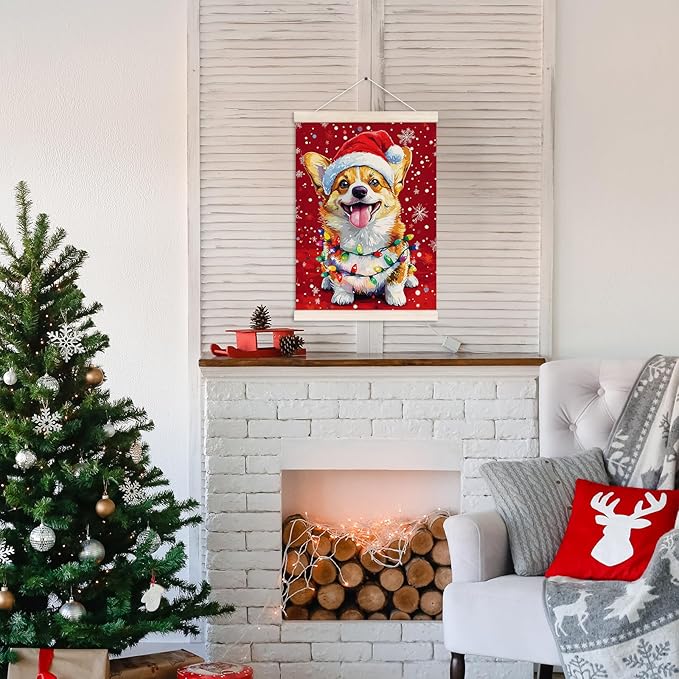 Funny Christmas Corgi Poster Hanger with Wood Frame, Christmas Dog Wall Art Decor for Home, Corgi Gifts for Women Men, Winter Xmas Dog Posters for Bedroom Living Room Decor, 12x16 Inch