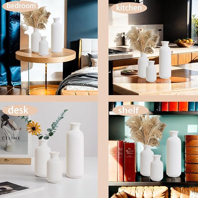 White Ceramic Vase Set of 3,Modern Vase Ribbed Design,Minimalist Decor Flower Vase for Table,Shelf,Farmhouse Vase for Decor（Vertical Ribbed Vase）