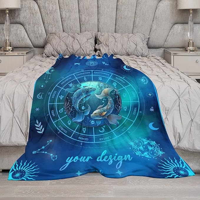 Custom Pisces Blanket Gifts, 50" x 40" Rectangular Flannel Zodiac Throw Blanket Cozy, Personalized Gift for Boys Girls Teen Women Men Tarot Cards Lovers Birthday Anniversary Festival