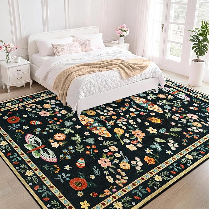 5x7 Area Rug for Living Room, Washable Rugs for Bedroom, Soft Thin Non Slip Indoor Low Pile Carpet for Dining Room, Large Throw Floral Butterfly Carpets for Office Nursery Home Decor, Black