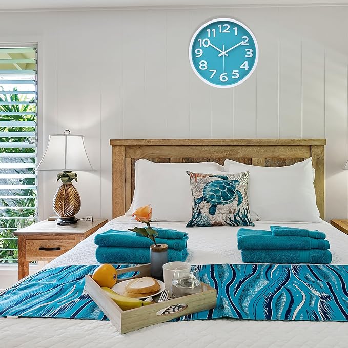 10 Inch Wall Clock Silent Non-Ticking, Big Numbers Easy to Read,Battery Operated Round Quartz Analog Clock for Kitchen Bathroom Classroom Kids Bedroom Wall Decor,Coastal Beach Theme (Aqua)