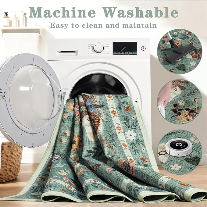 8x10 Rug for Living Room, Washable Area Rugs for Bedroom, Soft Non Slip Indoor Low Pile Carpet for Dining Room, Large Throw Floral Butterfly Carpets for Office Nursery Home Decor,Light Green