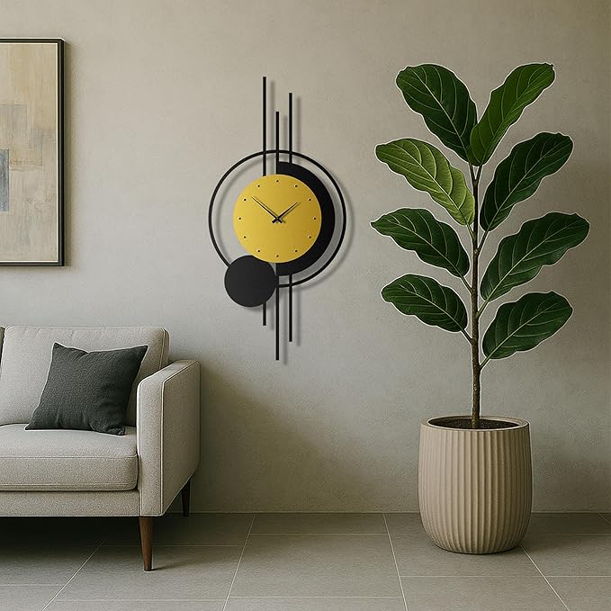 pluviart Geometric Gold and Black Wall Clock – Large Silent Metal Timepiece, Modern Mid-Century Wall Art for Living Room, Office and Home Decor