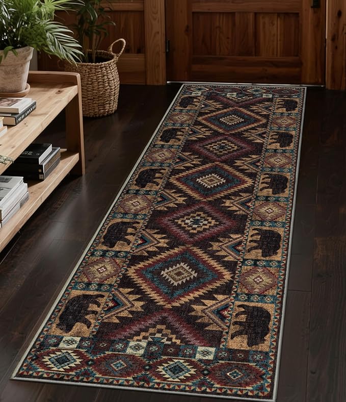 Hallway Runner Rug 2x6 Indoor Door Mat -Western Rug Bear Rustic Cabin Non-Slip Entryway Rug, Low Pile Tribal Print for Kitchen, Bedroom