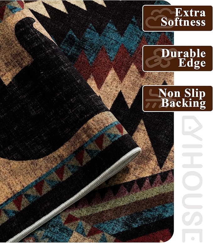 Hallway Runner Rug 2x8 Indoor Door Mat - Western Rug Bear Rustic Cabin Non-Slip Entryway Rug, Low Pile Tribal Print for Kitchen, Bedroom