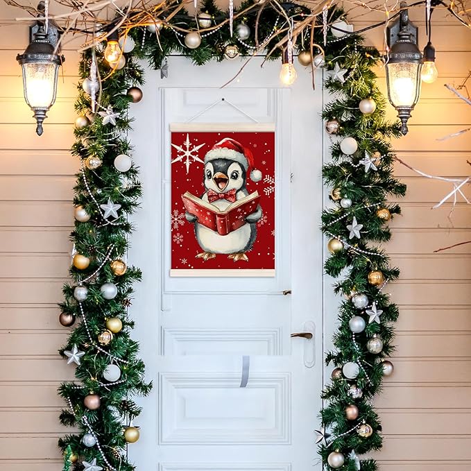 Christmas Penguin Reading Book Poster Hanger with Wood Frame, Winter Christmas Wall Art Decor for Home, Cute Xmas Penguin Bookish Posters for Reading Room Library Classroom Decor, 12x16 Inch