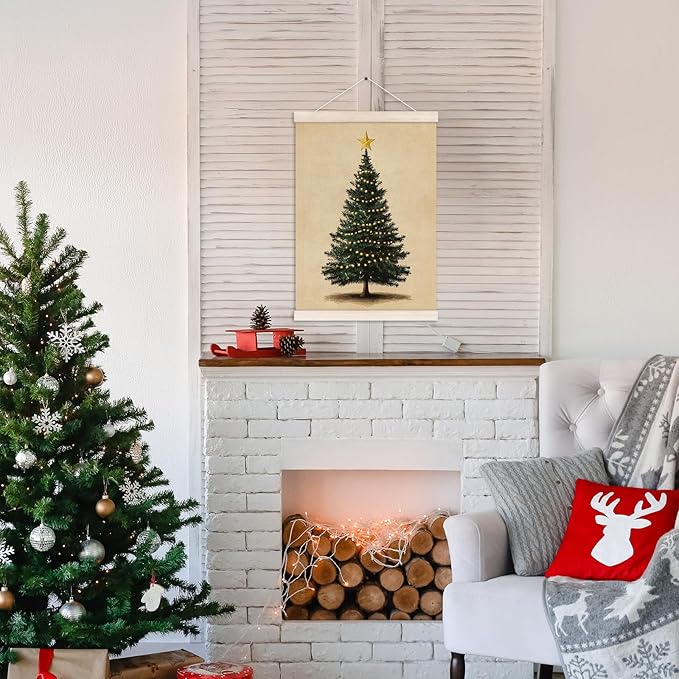 Vintage Christmas Tree Poster Hanger with Wood Frame, Rustic Christmas Wall Art Decor for Home, Retro Farmhouse Neutral Winter Xmas Tree Posters for Bedroom Living Room Decor, 12x16 Inch