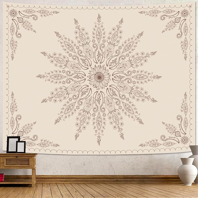 Fowocu Boho Floral Mandala Tapestry for Bedroom Aesthetic Bohemian Flower Wall Tapestry Beige Hippie Indian Large Tapestries Wall Hanging for Living Room Dorm Decor 80 x 60 Inch