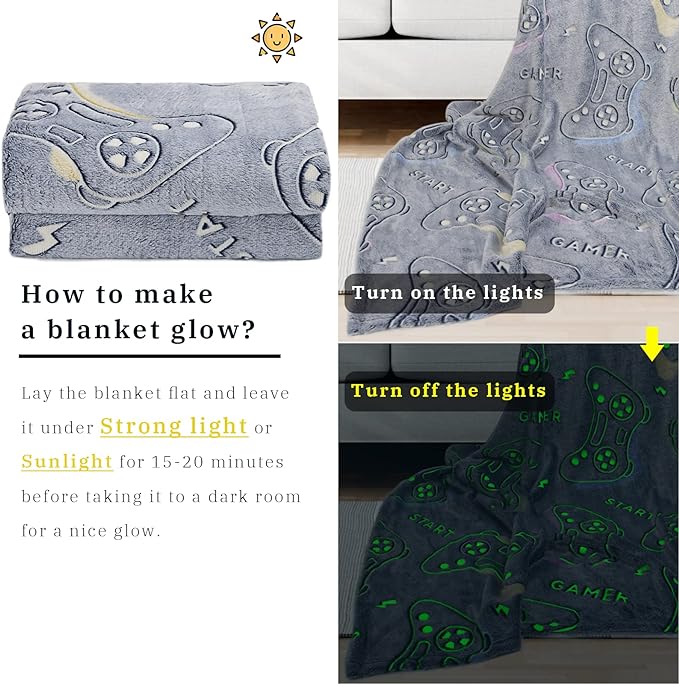 Glow in The Dark Blanket Game Controller Throw Blanket, Toys for Kids Boyfriend, Boys Teen Soft Cozy Gaming Blanket Gamer Gifts Game Decor Blankets for Home Bedroom 40"x50"