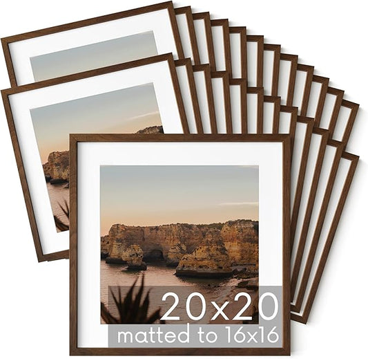 HAUS AND HUES Walnut Oak Wood 20x20 Picture Frames - Set of 25, Square Frames with Mat, Elegant Frames for Large Wall Displays (20x20 in, Walnut, Set of 25)