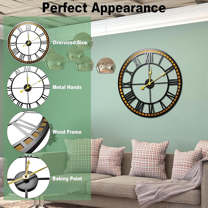 Silent Large Wall Clock,24 inch Modern Metal Black with Solid Wood Frame - Battery Operated Non-Ticking Clock for Living Room/Bedroom/Kitchen/Office