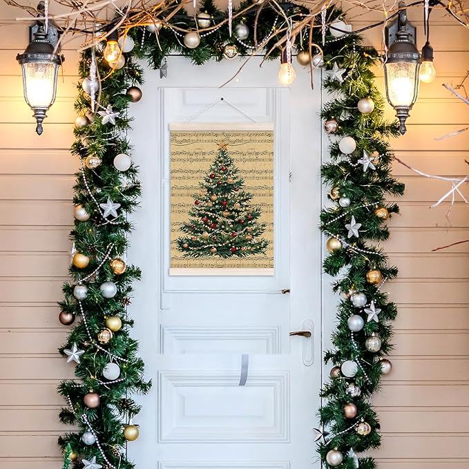 Vintage Christmas Tree Poster Hanger with Wood Frame, Retro Christmas Music Sheet Wall Art Decor for Home, Farmhouse Rustic Winter Xmas Tree Posters for Bedroom Living Room Decor, 12x16 Inch
