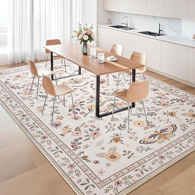 Rug for Living Room 8x10, Washable Area Rugs for Bedroom, Soft Thin Non Slip Indoor Low Pile Carpet for Dining Room, Large Throw Floral Butterfly Carpets for Office Nursery Home Decor, Beige