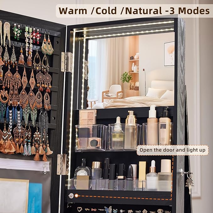 Fluted 360° Swivel Jewelry Armoire Cabinet Standing with Full Length Mirror, Lockable Jewelry Organizers and Drawer Storage with 3 Color LED Lights & Interior Mirror Rear Storage Shelves