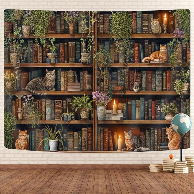 GOAOK Magic Library Tapestry, Green Nature Plant Bookshelf Tapestries for Classroom, Vintage Retro Witchy Library Book Gothic Academics Cat Tapestry for Bedroom Living Room Dorm Office 80X60 Inch