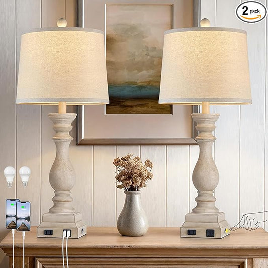 28" Farmhouse Table Lamps Set of 2 with USB C+A Ports and AC Outlet, 3 Way Touch Tall Vintage Bedside Lamp for Living Room, Beige Rustic Nightstand Lamp for Bedroom Office