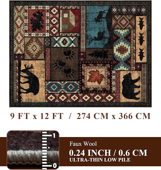 YIHOUSE Rustic Cabin Rugs for Living Room 9x12, Wildlife Bear & Deer Area Rug, Washable Southwestern Lodge Large Area Rug