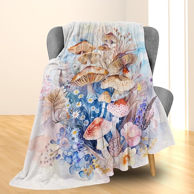 Watercolor Mushroom Blanket - Soft, Cozy, Lightweight Flannel Throw Blankets for Couch, Bed, Travel, Fluffy Decor Perfect for Outdoor Use and Home Decor, for Adults Women Boys Girls 80×60 in