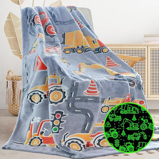 Glow in The Dark Blanket Boys Gifts for Kids Fuzzy Cozy Warm Soft Fleece Glowing Tractor Blankets for Bed Sofa Couch Unique Gifts Construction Truck Throw Blanket for Boys Teens 50"×60"