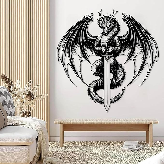Metal Dragon Wall Decor, Dragon With Sword Metal Wall Art, West Dragon Metal Wall Hanging, Unique Wall Decor, Mythology Wall Art, Modern Room Wall Art, Home Wall Decor (Black, 39"x39"|100x100cm)