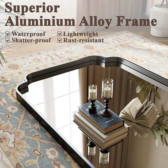 GLSLAND 30"x48" Black Petal Arch Bathroom Mirror Wall Mounted Vanity Scalloped Mirror for Over Sink Modern Decorative Arched Wall Mirror - for Bedroom Living Room Entryway