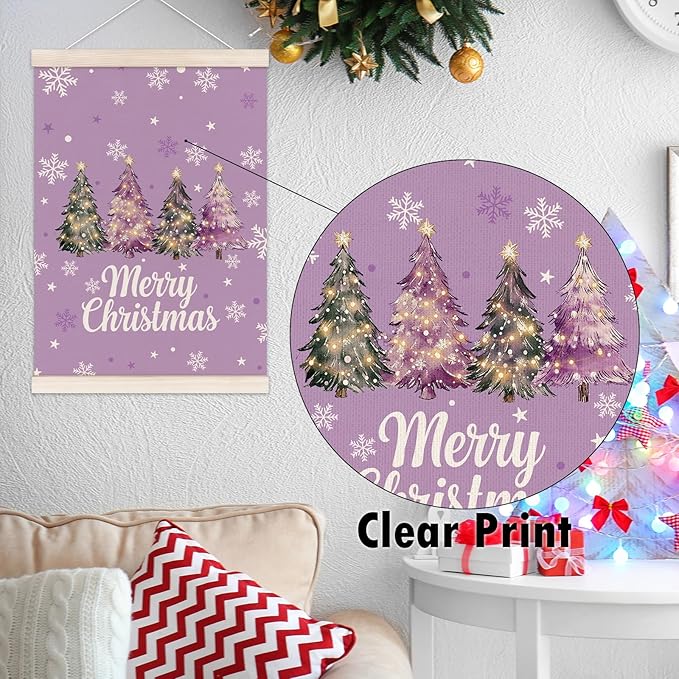 Purple Merry Christmas Tree Poster Hanger with Wood Frame, Winter Christmas Tree Wall Art Decor for Home, Preppy Xmas Winter Holiday Posters for Bedroom Living Room Xmas Party Decor, 12x16 Inch