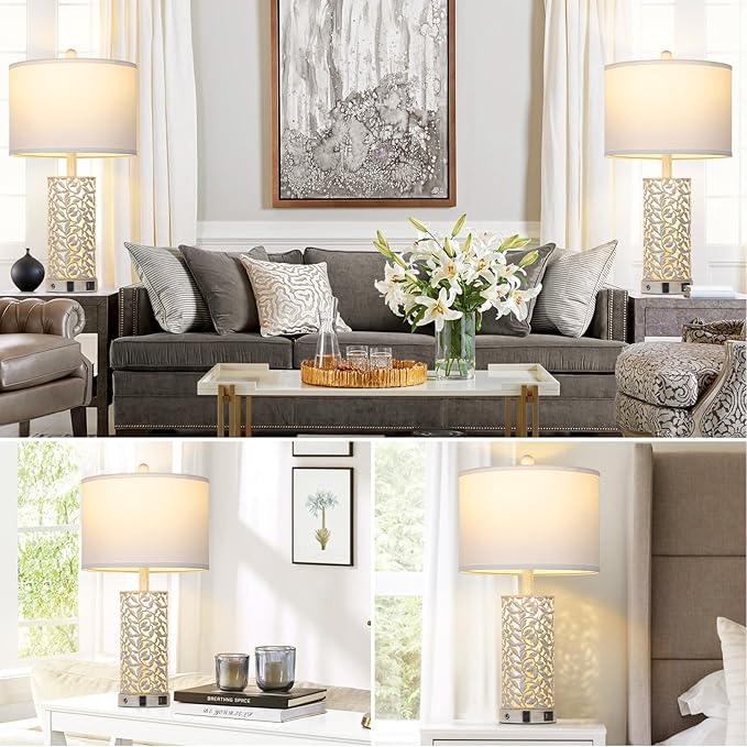 Morden Farmhouse Table Lamps Set of 2, Touch Control Bedside lamp with 2 USB Ports & AC Outlet,Vintage Nightstand Lamp with Nightlight for Bedroom Living Room Entryway,White