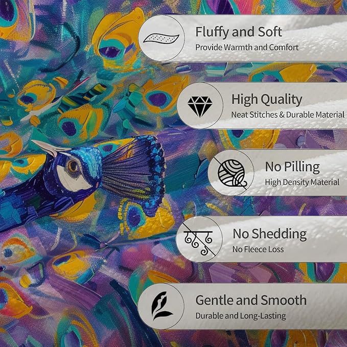 Peacock Blanket - Soft, Cozy, Lightweight Flannel Throw Blankets for Couch, Bed, Oil Painting Design, Fluffy Decor Perfect for Outdoor Use and Home Decor, for Adults Women Girls 80×60 in