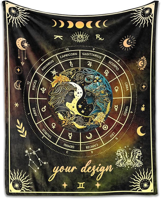 Custom Gemini Blanket Gifts, 50" x 40" Rectangular Flannel Zodiac Throw Blanket Cozy, Personalized Gift for Boys Girls Teen Women Men Tarot Cards Lovers Birthday Anniversary Festival