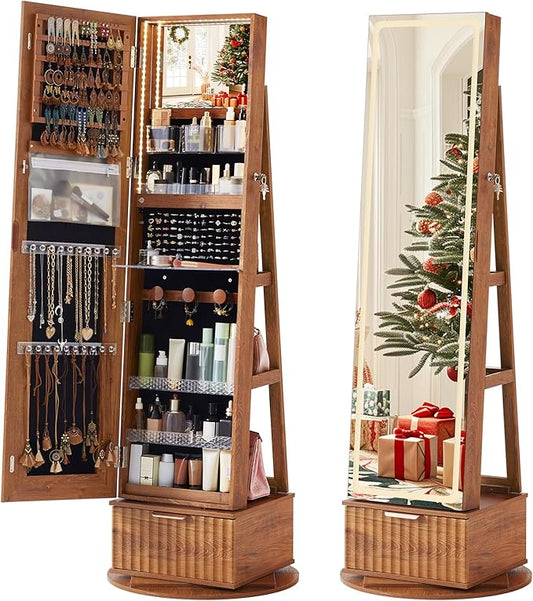 Fluted 360° Swivel Jewelry Armoire Cabinet Standing with Full Length Mirror, Lockable Jewelry Organizers and Drawer Storage with 3 Color LED Lights & Interior Mirror Rear Storage Shelves