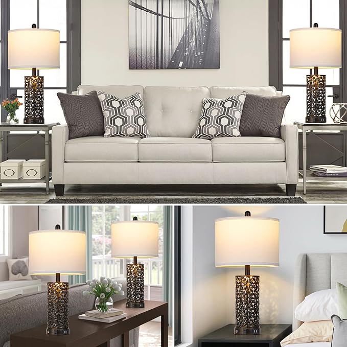 Vintage Lamp for Living Room Set of 2,Rustic Retro Bedside Nightstand Lamps with 2 USB Ports & AC Outlet,Touch Control Industrial Desk Lamp for Bedroom Entryway,Black with Bronze Bruch