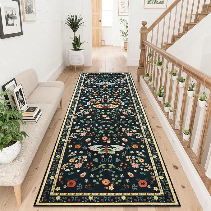 2x6 Runner Rug, Washable Hallway Area Rugs for Bedroom Living Room, Soft Throw Bedside Butterfly Rug for Kitchen, Non Slip Indoor Thin Long Carpet for Entryway Laundry Dorm, Black