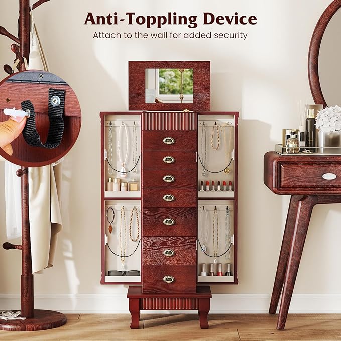 Giantex Standing Jewelry Cabinet with 7 Drawers, Flip-Top Mirror, 2 Side Doors with 12 Necklace Hooks, Divided Ring Compartments, Velvet-Lined Jewelry Armoire Organizer Chest (Cherry)