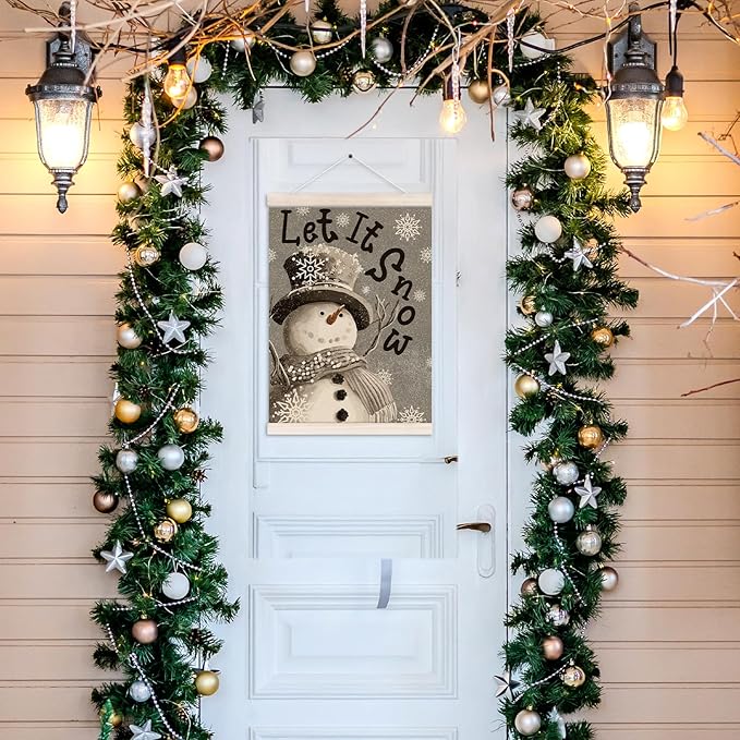 Let It Snow Christmas Snowman Poster Hanger with Wood Frame, Winter Christmas Wall Art Decor for Home, Winter Xmas Snowman Holiday Posters for Bedroom Living Room Decor, 12x16 Inch