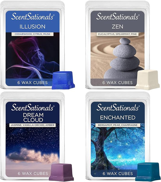 Scentsationals Wax Melts Moodscapes - Tranquility 4-Pack – Long Lasting Wax Cubes with Strong Scent for Warmers – Includes Zen, Illusion, Enchanted & Dream Cloud – 10oz (24-Cubes)