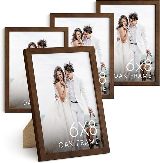 HAUS AND HUES 6x8 Walnut Oak Wooden Picture Frame - Set of 4 6x8 Poster Frame - Premium Oak, Vertical Hang, Shatterproof Plexiglass - Ideal for Home, Room, Office (6x8-inch, Walnut, Set of 4)