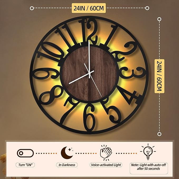 LEIKE Large LED Wall Clocks,Silent,Non Ticking,Battery Operated Rustic Round Modern Big Wood Wall Clock for Living Room, Bedroom,Kitchen,Farmhouse,Office,Home Decor -24" Black,LED,Arabic Number