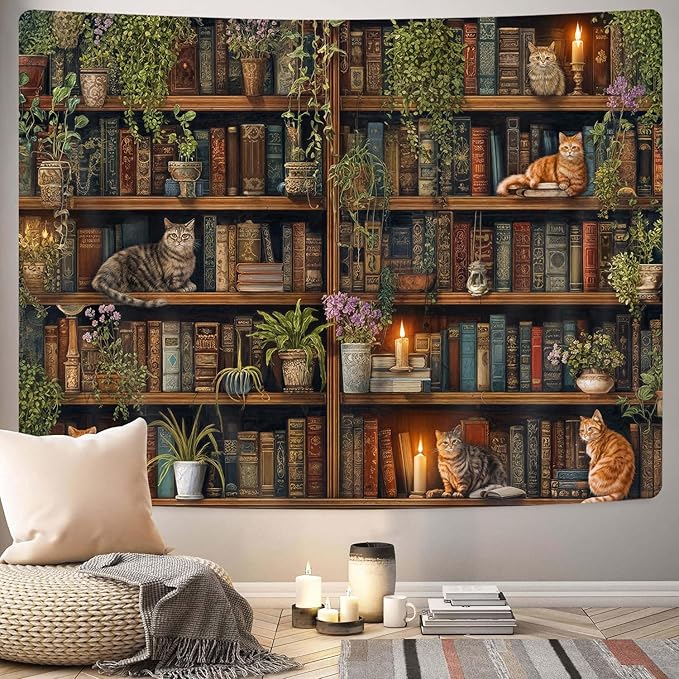 GOAOK Magic Library Tapestry, Green Nature Plant Bookshelf Tapestries for Classroom, Vintage Retro Witchy Library Book Gothic Academics Cat Tapestry for Bedroom Living Room Dorm Office 80X60 Inch