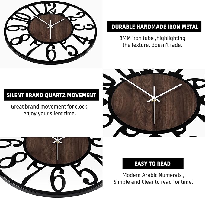 LEIKE Large Wall Clocks,Silent,Non Ticking,Battery Operated Rustic Round Modern Big Wood Wall Clock for Living Room, Bedroom,Kitchen,Farmhouse,Office,Home Decor-16 Inch(Black-Arabic Number)