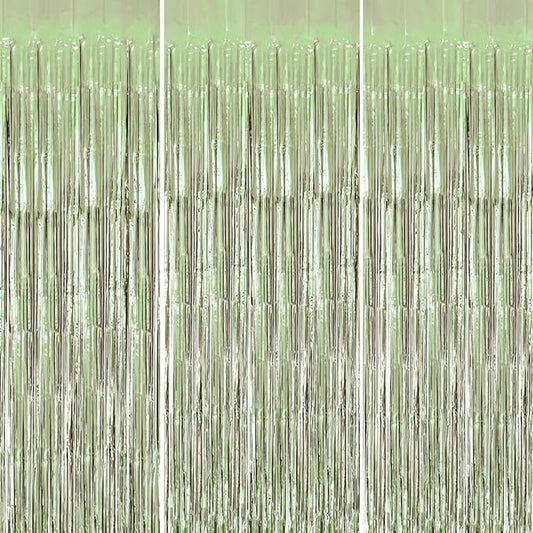 3 Pack Foil Fringe Backdrop - Light Green Shiny Tinsel Curtains for Party Decoration/Photo Booth Props - 3.3x8.2 FT Metallic Foil Backdrop for Birthday, Wedding, Graduation, Christmas