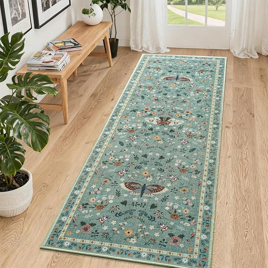 2x6 Runner Rug, Washable Hallway Area Rugs for Bedroom Living Room, Soft Throw Bedside Butterfly Rug for Kitchen, Non Slip Indoor Thin Long Carpet for Entryway Laundry Dorm, Light Green
