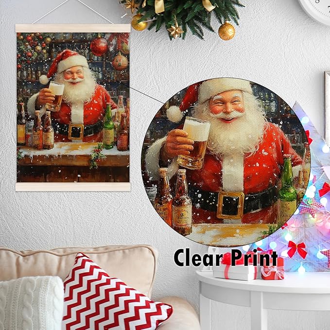 Funny Christmas Santa Bar Poster Hanger with Wood Frame, Winter Christmas Wall Art Decor for Home Bar Cart, Winter Holiday Xmas Santa Posters for Kitchen Dining Room Xmas Party Decor, 12x16 Inch